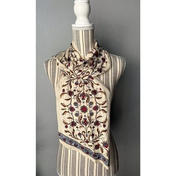 Ginnie Johansen Women's Neutral Brown Blue Silk Scarf Rolled Edge, 9x56, Vintage - Picture 1 of 5